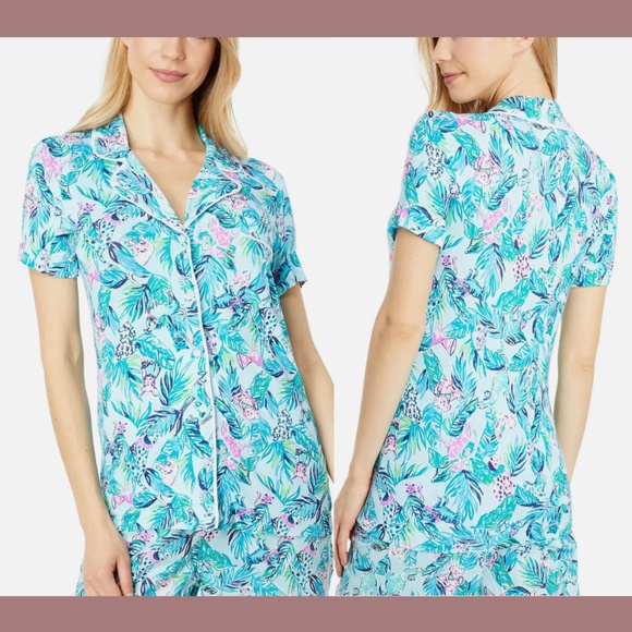 NEW Lilly Pulitzer [ XXS ] PJ Knit Button-Up Top Blue Barking Up‎ Palm Tree - Picture 1 of 14